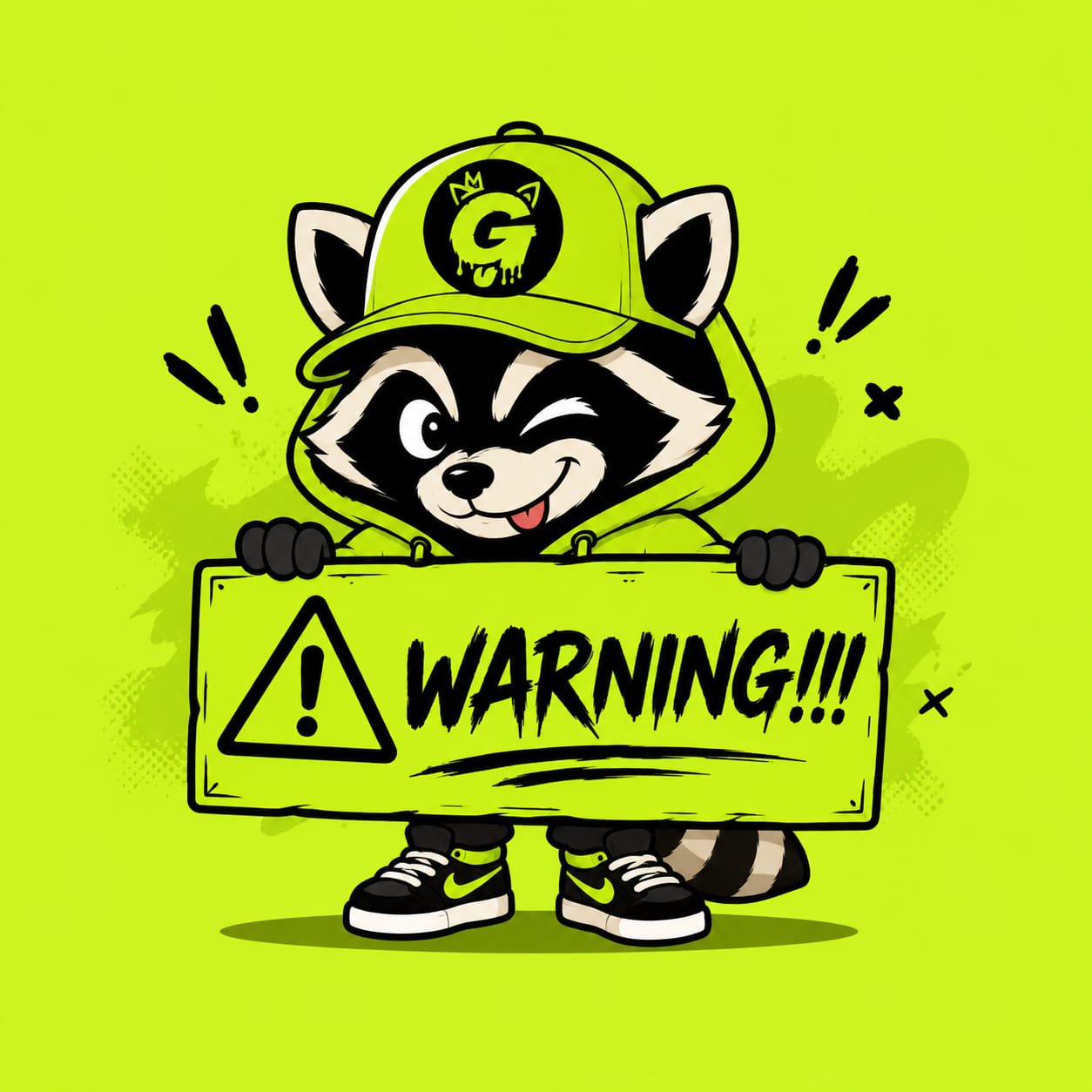 GoofyHood raccoon holding a warning sign